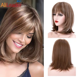 Alileader Synthetic Wig With Bangs Short Mixed White Gray Blonde Bob Wig For Women 8 12Inch Fiber Straight Fake Hair Daily Style