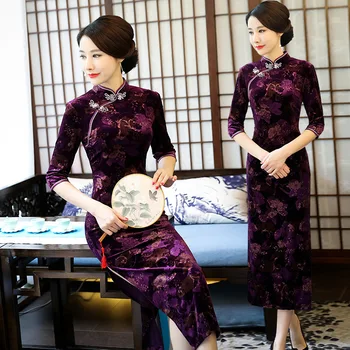 

2020 Autumn Velour Print Wedding Cheongsam Long Qipao Chinese Dress Oriental Style Dresses Robe Purple Burgundy Velvet Qipao