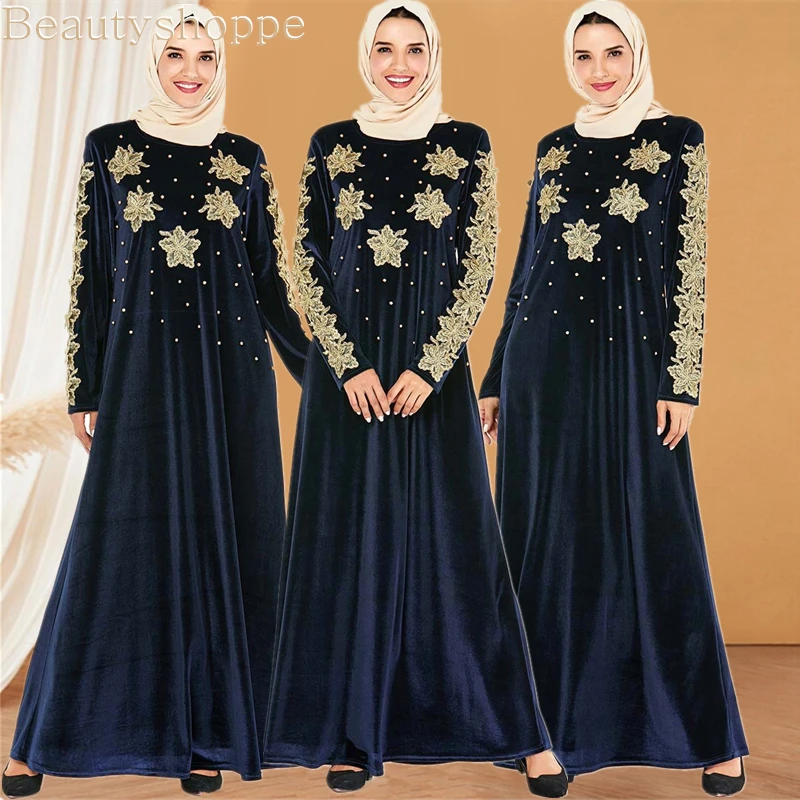 Beautyshoppe Wanita Muslim Gaun Pesta Bunga Emas Bordir Manik Manik Desain Ukuran Arab Malam Perjamuan Gaun Navy Blue Pakaian Islamic Aliexpress