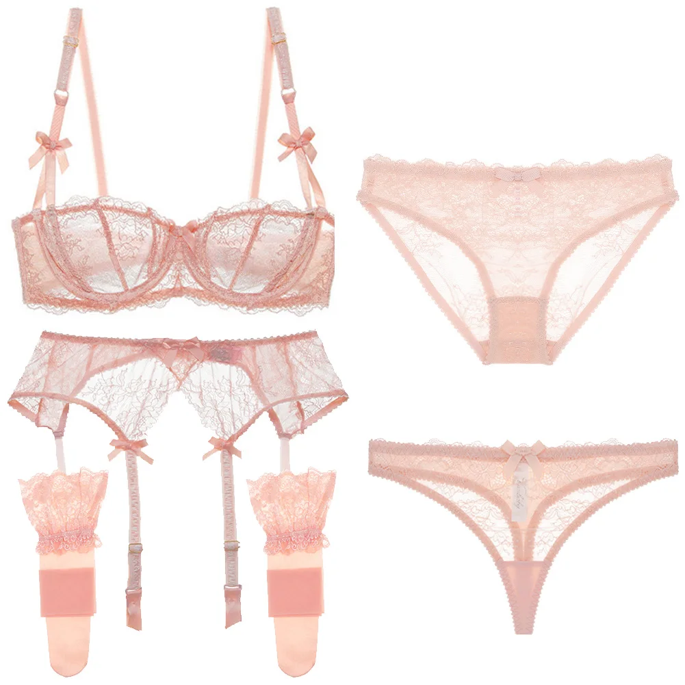 Varsbaby sexy lace floral half cup bra + garter belt + panties + thong + stockings plus size underwear pink  bra set 5pcs/lot lace bra and panty sets