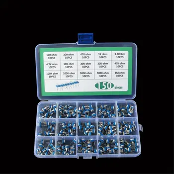 

150pcs/set 100R-1M Trimming Potentiometer Variable Resistors Assorted Kit Electronic Diy Kit 15 Values Each 10pcs with box