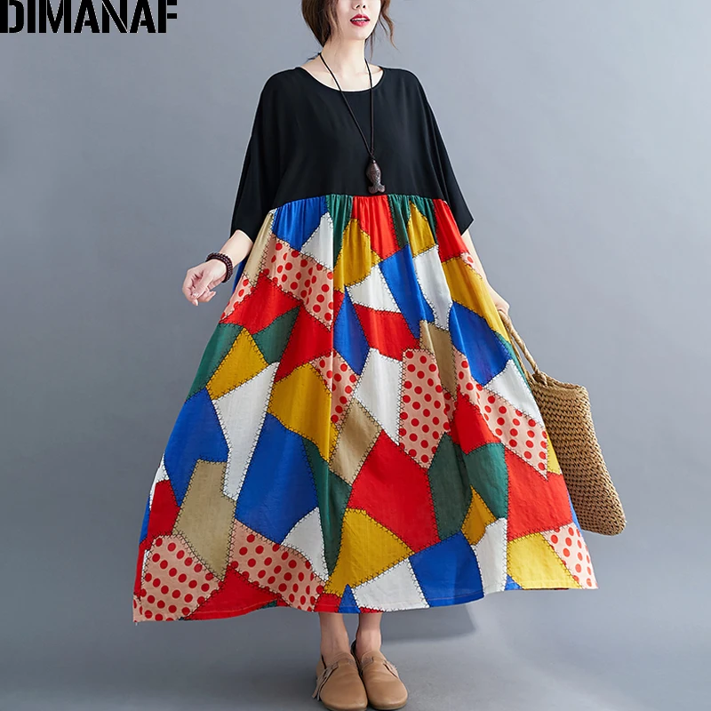 

DIMANAF Plus Size Women Dress Print Patchwork Cotton Sundress Lady Vestidos Loose Casual Maxi Dress Oversize 5XL 6XL Clothing