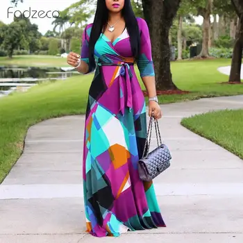 

Fadzeco African Dress For Women Fashion Robe Dashiki Contrast Color V Neck Belt Big Size Maxi Dress African Print Clothes