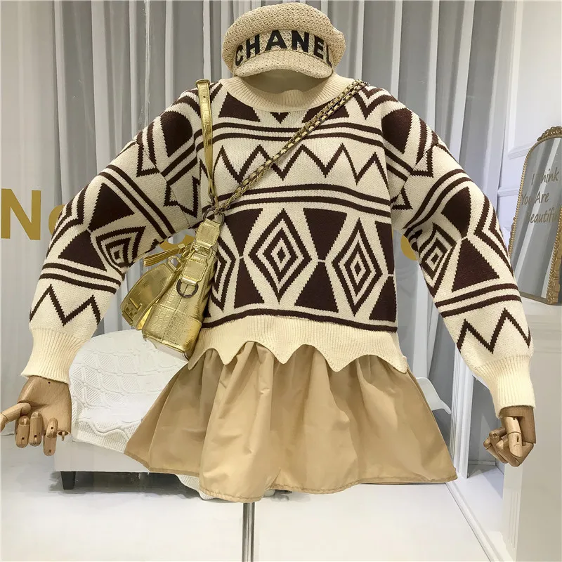 

2019 Fall Winter Patchwork Women's Free Knitted Sweater Geometric Ruffles O-Neck Vintage Women's Sweater Shirt and Pullovers