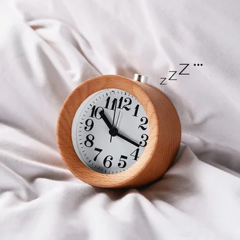 

Home Mute Solid Wood Alarm Clock Mini Desk Clocks Antique Style Needle Quartz Europe Circular Snooze Function with Backlight