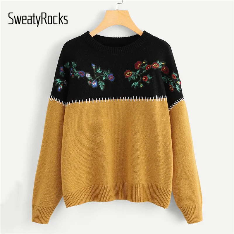 

SweatyRocks Floral Embroidered Two Tone Sweater Ladies Colorblock Preppy Sweater Streetwear 2019 Autumn Women Casual Sweaters