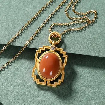 

SNew silver original inlaid natural southern red agate niche design diamond hollow style ancient palace women's pendant necklace