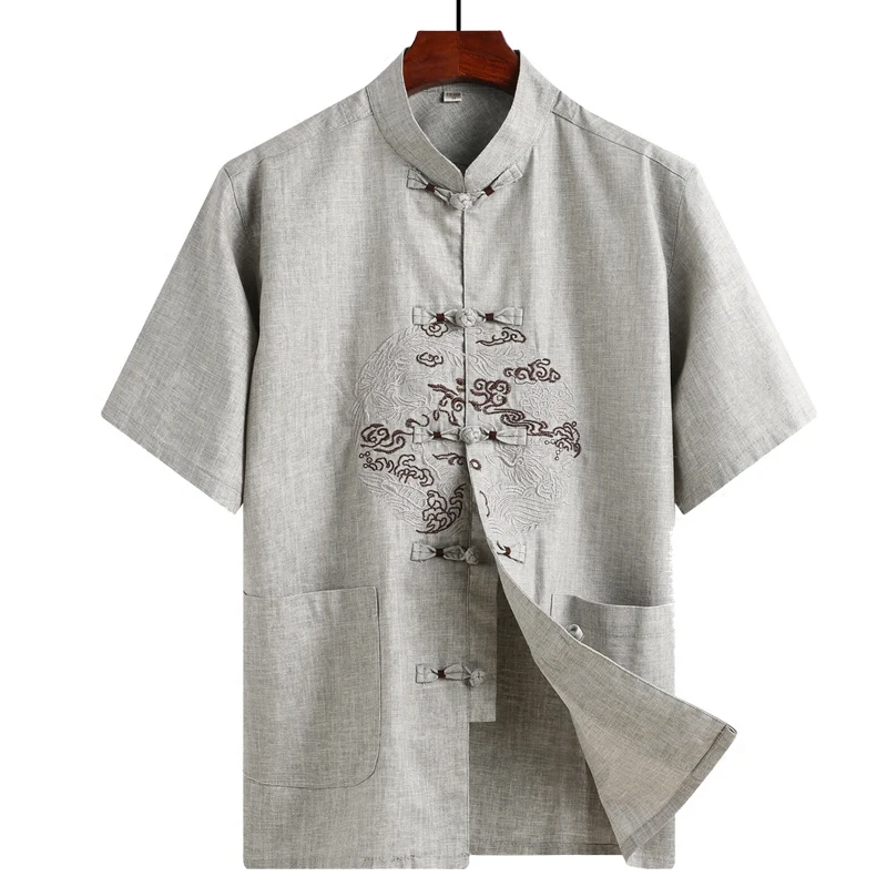 

Short Sleeve Embroidery Chinese Traditional Men Kung Fu Shirt Cotton Linen Wu Shu UniformTai chi Blouse Tops M L XL XXL 3XL 4XL