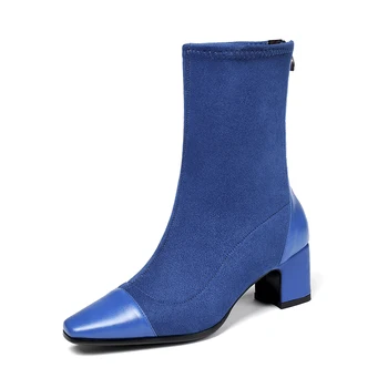 

Sweet Female Chelsea Short Boots Genuine Leather Square Heels Women Warm Socks Ankle Boots Dancing Party Shoes Woman