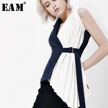 [EAM] Women Blue Contrast Color Pleated Asymmetrical Loose Fit Vest New V-collar Sleeveless   Fashion Spring Autumn 2021 YC311 1