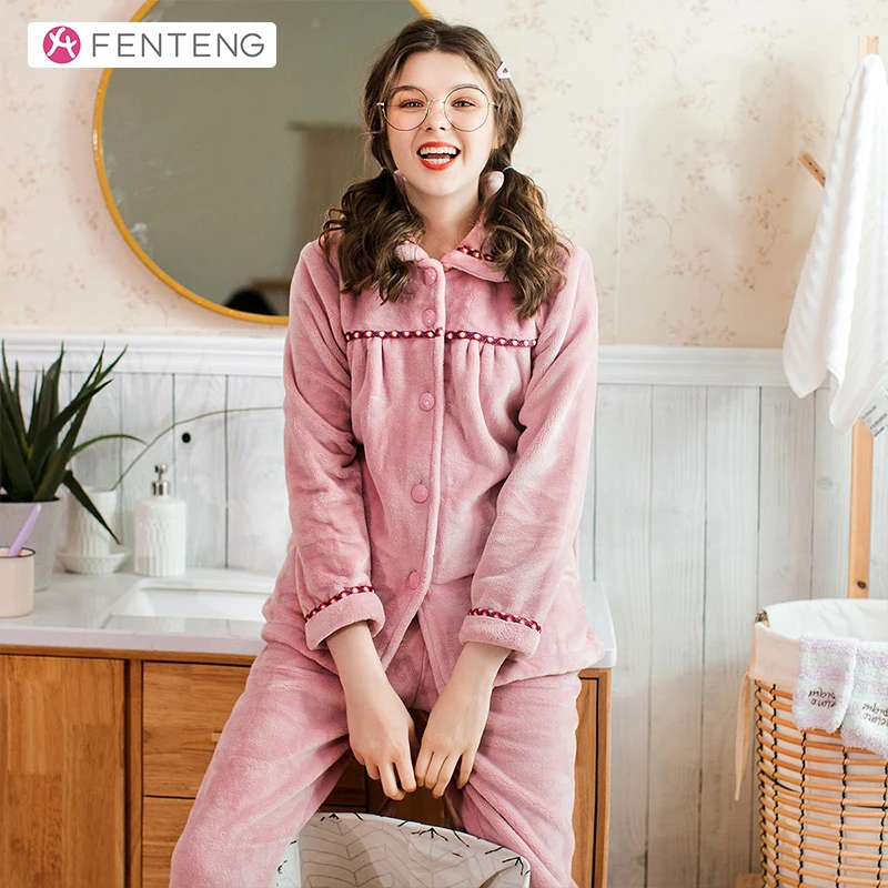 

FENTENG Spring Sweet Pajamas 2PCS Turn Down Collar Cute Nightwear Thick Warm Sleepwear Female Home Suit Pyjamas J98041222