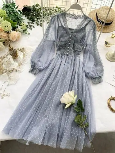Gray-blue Весна Лето Женское платье с длинным рукавом Новое Сетчатое шикарное нежное супер сказочное милое темпераментное платье - Цвет: Gray-blue