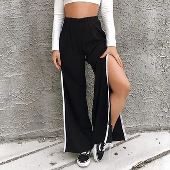 

Focal20 Streetwear Fashion Womens Split Side Wide Leg Jogger Casual Long Pants Summer Loose Striped Elastic Waist Trousers