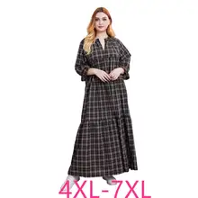 Новое осенне-зимнее длинное платье размера плюс для женщин, большие свободные повседневные платья с длинным рукавом в клетку и v-образным вырезом, черные 4XL 5XL 6XL 7XL