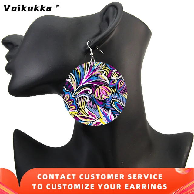 Voikukka Jewelry Hot Sale 6 CM Circle Both Sides Printing A Painted Floral Pattern Wooden Drop Dangle Women Earrings For Gifts Both Sides Print 2