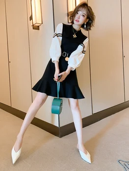 

Casual stitching loose contrast color striped webbing three-quarter sleeve waist dress women 2020 autumn new