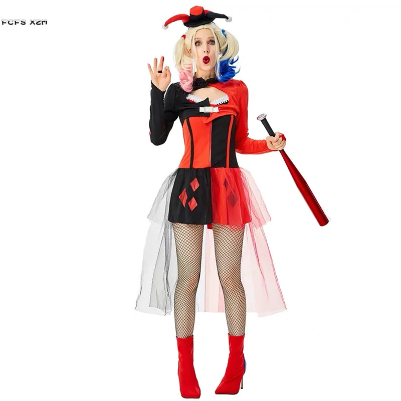 

Women Halloween suicide squad Harley Quinn Costumes Female Circus Clown droll Joker Cosplay Carnival Purim Role play Party dress