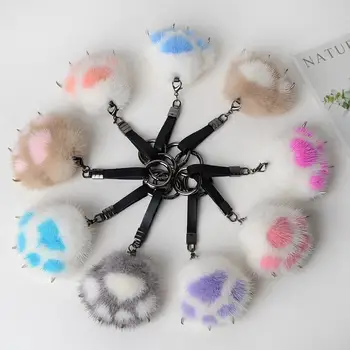

Cute Fluffy Plush Cat Pawprint Design Hanging Keychain Key Ring Car Pendant Ornaments Auto Interior Rear View Mirror Decoration
