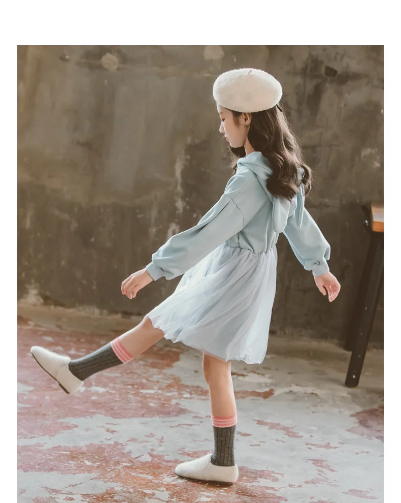 2020 Spring Autumn Big Girls Cute Pink Rabbit Ears Hooded Sweater Dresses Children Cotton Mesh Dress Blue Size 6 8 9 10 11 12 13 (21)