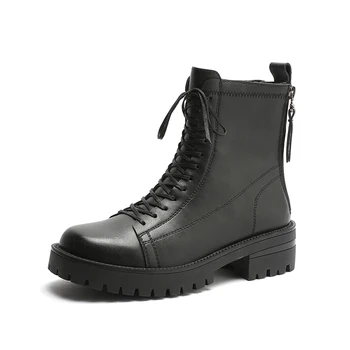 

Women's genuine leather back zip decoration autumn winter lace-up flats motorcycle boots platform flats leisure short boots shoe