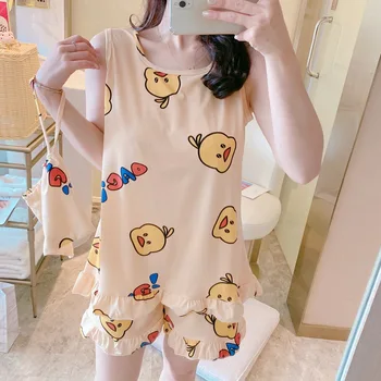 

Foply 2020 New Women's Sleepwear Sexy Pajama Set Cartoon Print Spring Summer Pajama Women Sleeveless Homewear Top and Shorts