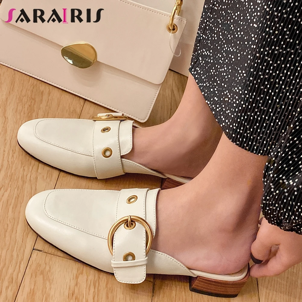 

SARAIRIS Cool Female Metal Buckle Decorations Slip On Square Toe Genuine Leather Pumps Low Heels Pumps Women Summer Shoes Woman