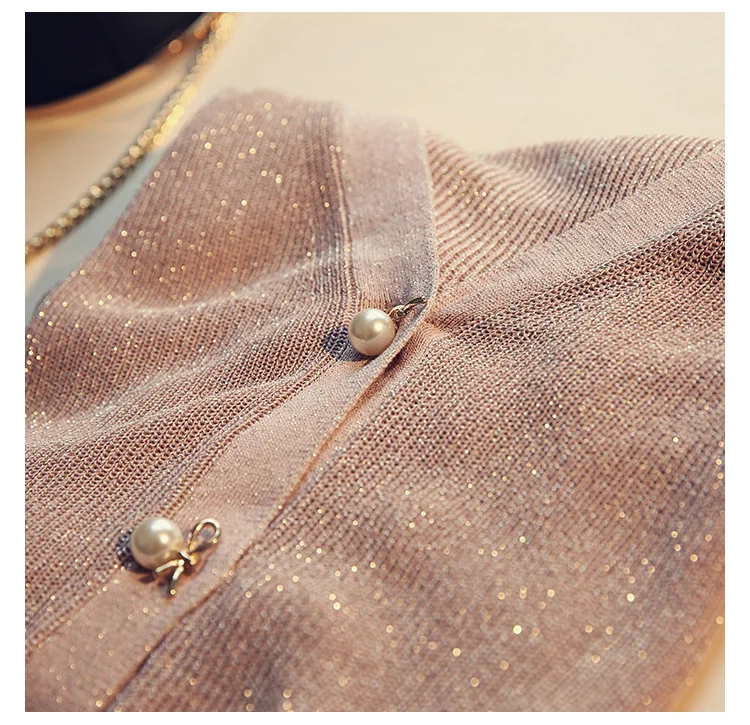 샤이니 빈티지 시크 진주 버튼 니트 가디건, 2023 v넥 할로우 아웃 스웨터, 여성 봄 신상품 단색 심플 재킷