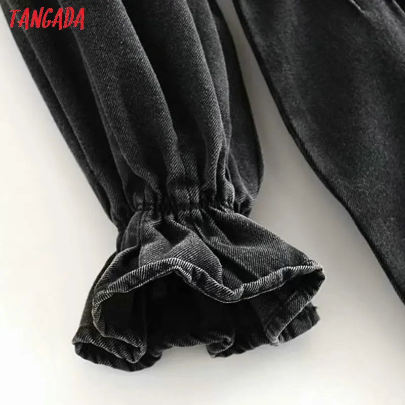 Tangada женское элегантное черное джинсовое платье с бриллиантовым поясом и круглым вырезом с длинным рукавом, женские вечерние короткие платья 6P54