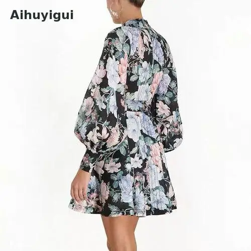 Aihuyigui осень зима на пуговицах, со стоячим воротником фонарь рукав Высокое качество Женская подиумная Цветочная Печать Высокая талия тонкая линия Dr682