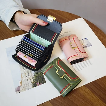 

Knitted PU Card Wallet for Women, 11 Card Slot can Carry Cash Note, Square Metal Clip