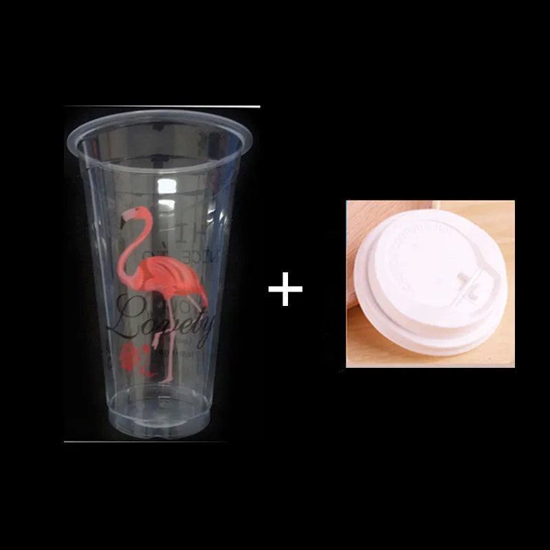 500pcs High quality flamingo cup 500ml transparent disposable coffee milk tea juice cold drink plastic cups with cover wholesale