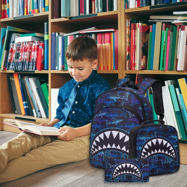 3PCS Shark Backpack for Boys, 16 Little Kids Kindergarten School