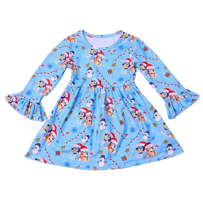 Christmas Boutique Dress Girls Long Ruffle Sleeve Blue Cartoon Xmas Toddler Novelty Fall/Winter Clothes Milk Silk | Детская одежда и