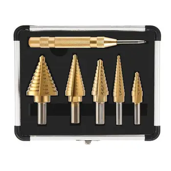

5PCS Step Drill Bit Set Titanium Spiral Grooved Multiple Hole Drill Tap with Automatic Center Punch Woodworking Tools