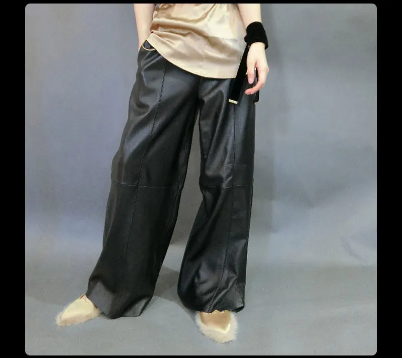 Novmoop Italy casual style winter black loose lambskin genuine leather wide leg pants women trousers pantalones mujer LT2897