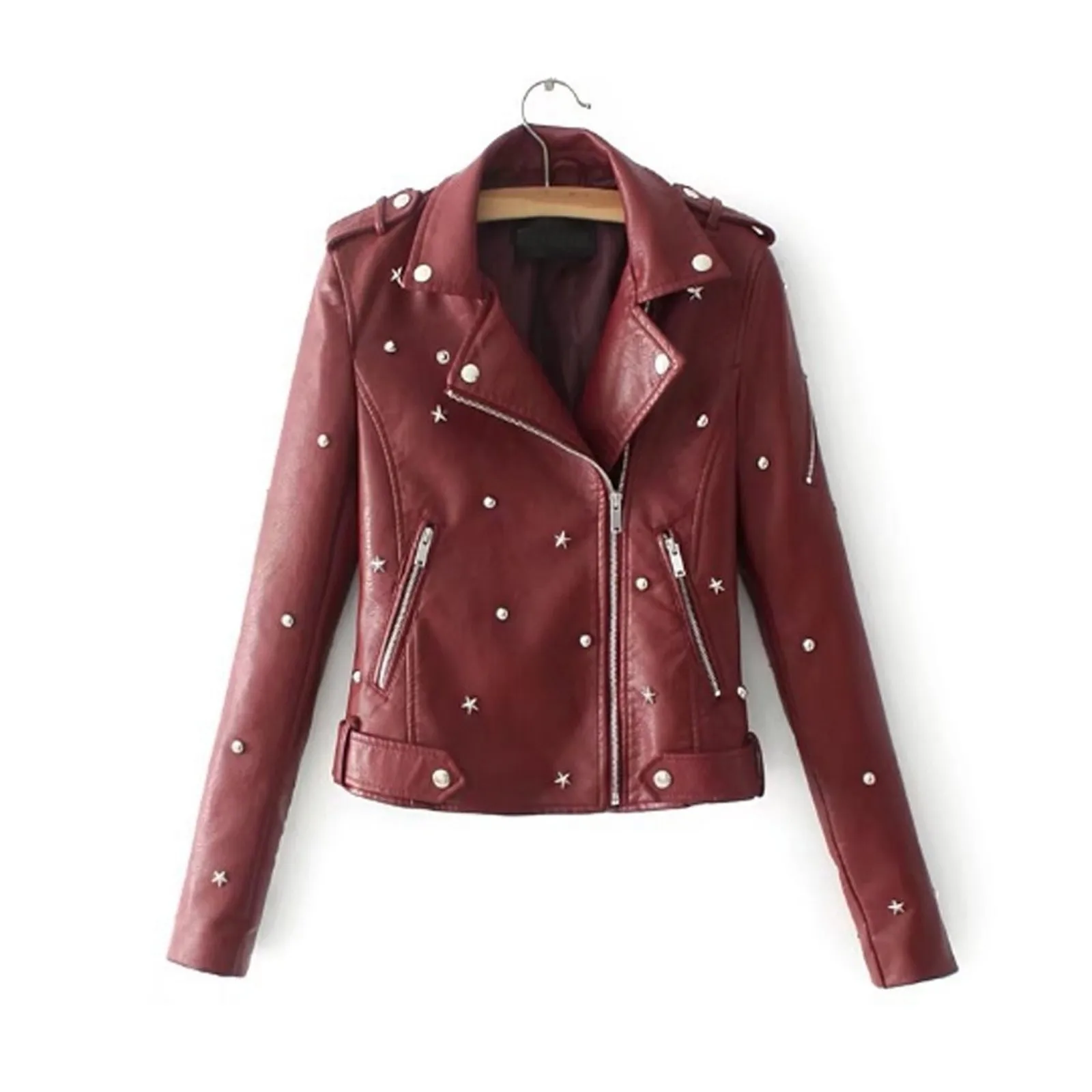 

Punk Women Rivet Pu Leather Jacket Zip Up Biker Short Cropped Motor Tops Motorcycle Faux Leather Jacket Coat Chaquetas Outerwear