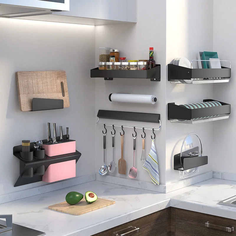 Новый настенный кухонный стеллаж из нержавеющей стали черного цвета для сушки посуды, держатель для ножей, столовых приборов, приправ, планшетов|Полки и держатели| | АлиЭкспресс - Товары для кухни с Али, которые круто экономят пространство
