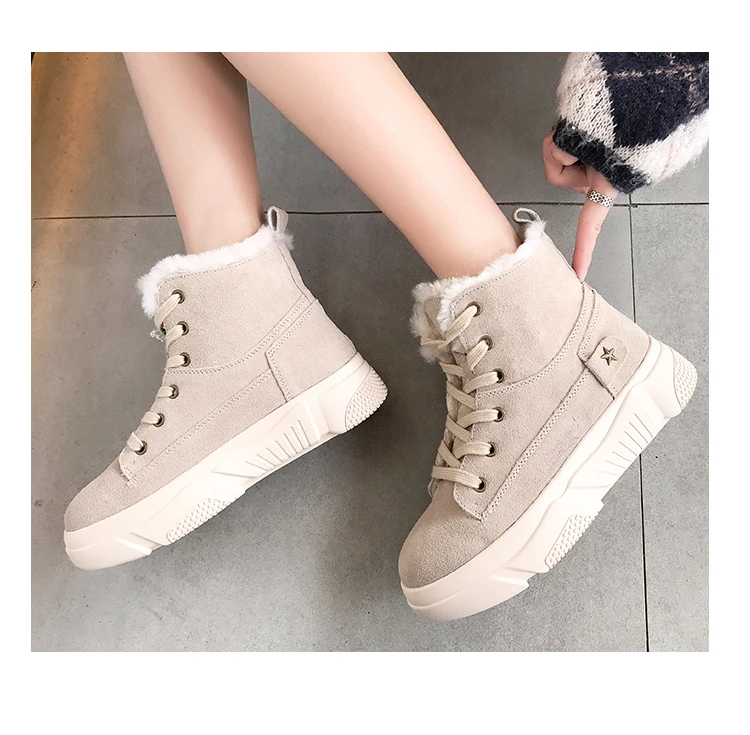 Aphixta Platform Shoes Winter Snow Boots Women Ankle Boots Flat Heel Star Lace-up Fur Bottes Flock Warm Plush Shoes Woman Boot