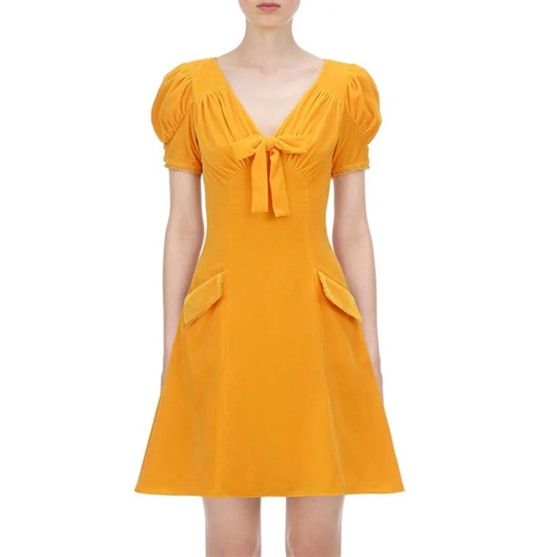 Женское бархатное платье с V-образным вырезом коротким рукавом-фонариком и