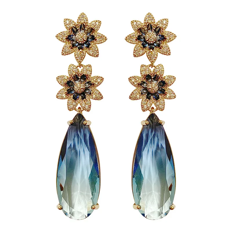 

Trendy Flower Elegant Dangle Earring Brazil Zircon Blue Jewelry For Women Dress Party Women Bridal Earrings Luxury Accessories
