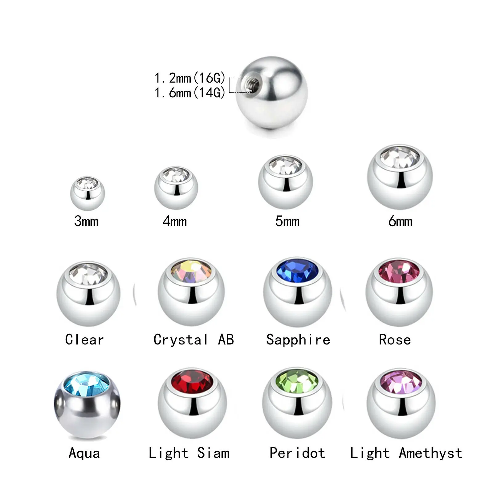 Body Piercing Jewelry 10pcs Multicolor Cubic Zirconia Spare BALLS Labret Belly Barbell Bar Piercing Replacement Attachments 14g 16g DIY
