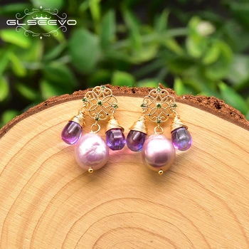 

GLSEEVO 925 Sterling Silver Purple Fresh Water Pearl Crystal Drop Earrings For Lovers Engagement Women Vintage Jewellery GE0928B