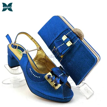 

African Woman Sandals Shoes With Purse Set Nigerian Mature High Heels Shoes And Bag Set Royal Blue High Quality For Wedding