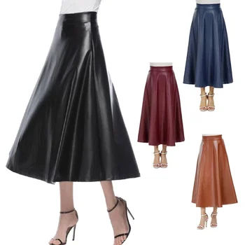 

Women Skirt PU Leather High Waist Pleated Swing Vintage Maxi Skirt Saias jupe femme faldas mujer moda ropa mujer