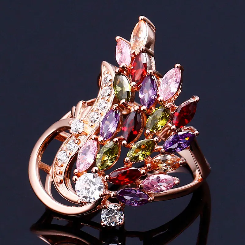 Оригинальное 9 видов стилей, разноцветное Сверкающее женское кольцо с листьями, богемный стиль, CZ Циркон, Кристальные украшения из цветов, вечерние кольца с растительным дизайном - Цвет основного камня: R6