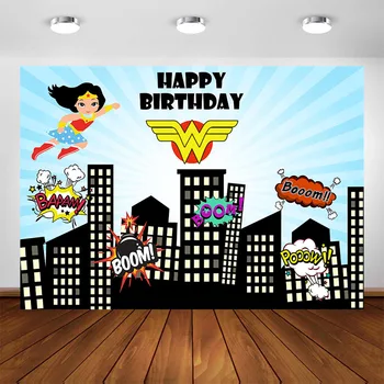 

Wonder Girl Birthday Party Backdrop Wonder Woman Superhero Cityscape Decorations Customized Birthday Background