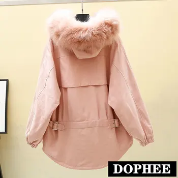 

New Winter Women Korean Parker Coat Loose Hooded Lamb Fur Liner Imitation Fox Fur Collar Cotton Padded Coat Female Thick Jackets