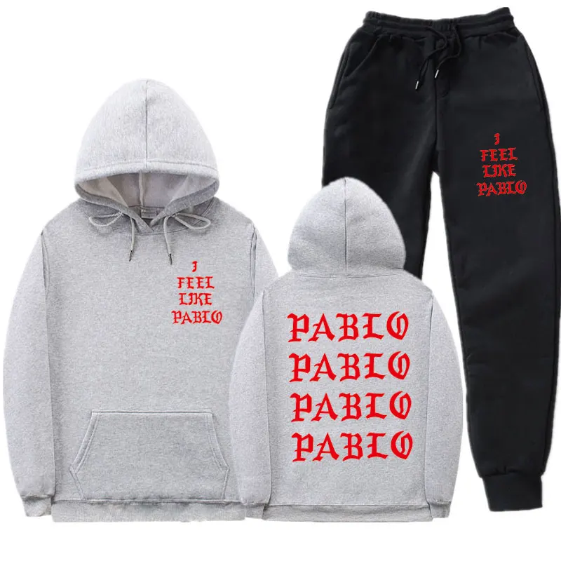 Мужские комплекты спортивной одежды I Feel Like Pablo, Осень-зима, толстый мужской повседневный спортивный костюм с капюшоном, мужской комплект из 2 предметов, толстовка+ спортивные штаны