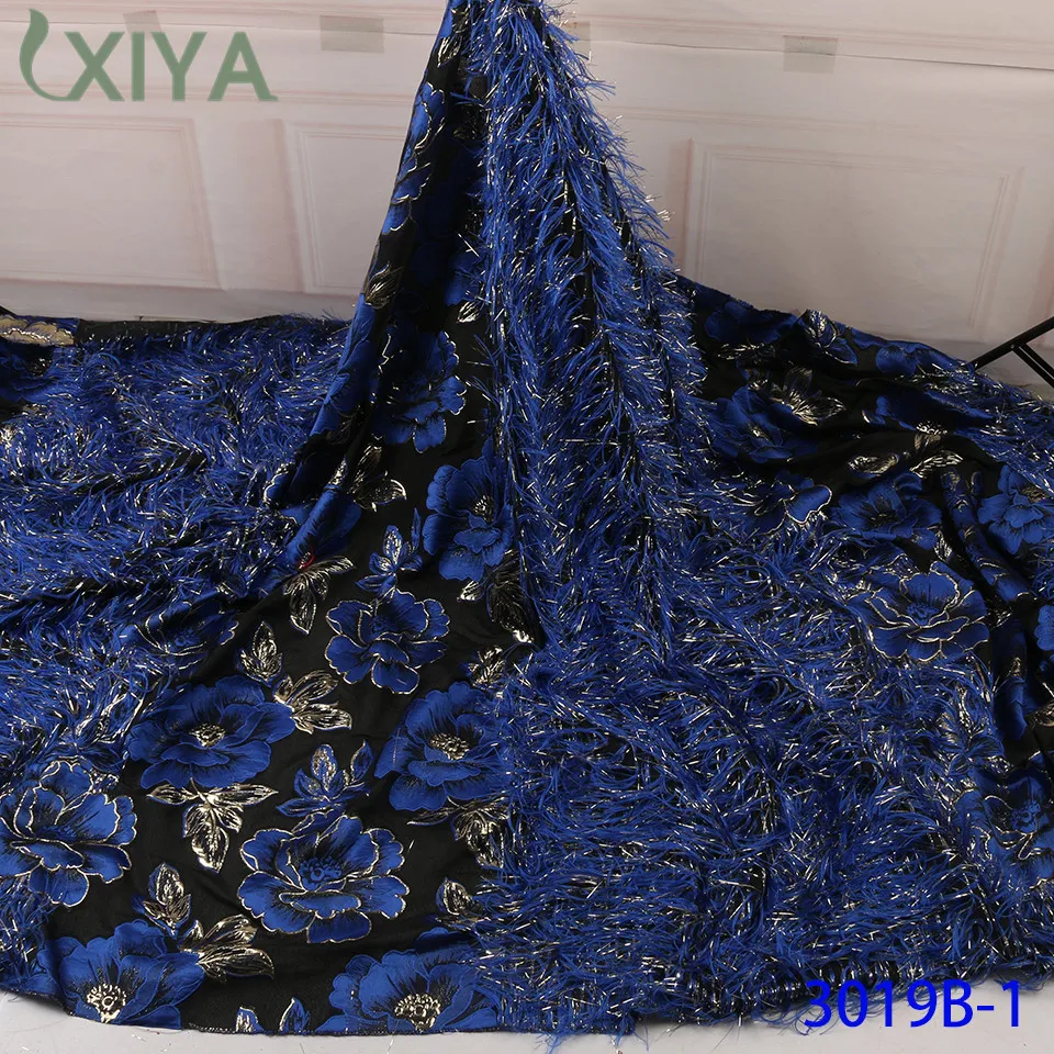 Лучшее качество жаккардовое кружево Королевский синий парча ткань с пером нигерийский тюль сетка кружево для невесты парча кружево APW3019B