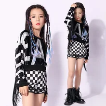 Детский черно-белый джазовый танцевальный костюм, костюм для выступлений, детский клетчатый костюм с бахромой в стиле хип-хоп, костюм для уличного танца, комплект для девочек